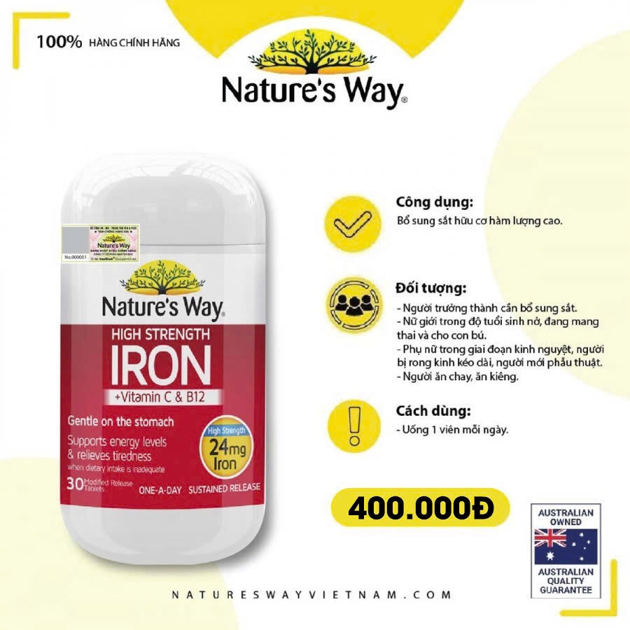 Nature’s Way High Strength Iron + Vitamin C&B12 – Hỗ trợ bổ sung sắt hữu cơ cho cơ thể