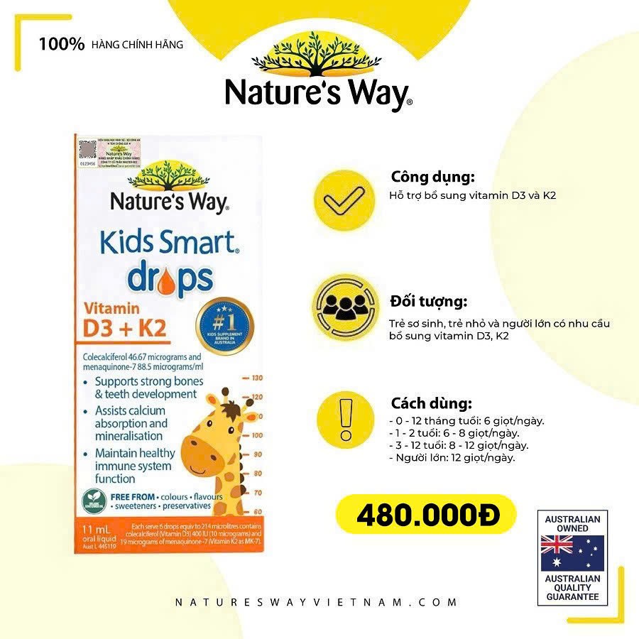 Nature's Way Kids Smart Drops Vitamin D3 + K2 - Vitamin D3K2 Organic nhập khẩu từ Úc (Hộp 11ml)
