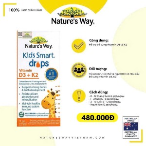 Nature's Way Kids Smart Drops Vitamin D3 + K2 - Vitamin D3K2 Organic nhập khẩu từ Úc (Hộp 11ml)