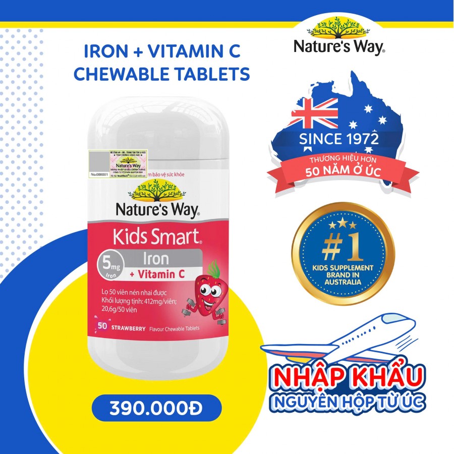 Nature's Way Kids Smart Iron + Vitamin C - Bổ sung sắt và vitamin C dạng viên nhai vị dâu