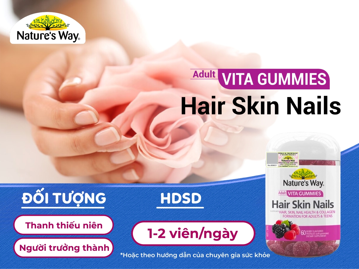 Nature’s Way Adult Vita Gummies Hair Skin Nails – Bổ sung Vitamin C, E, Biotin và kẽm hỗ trợ da, tóc móng khỏe mạnh ( 60 viên)
